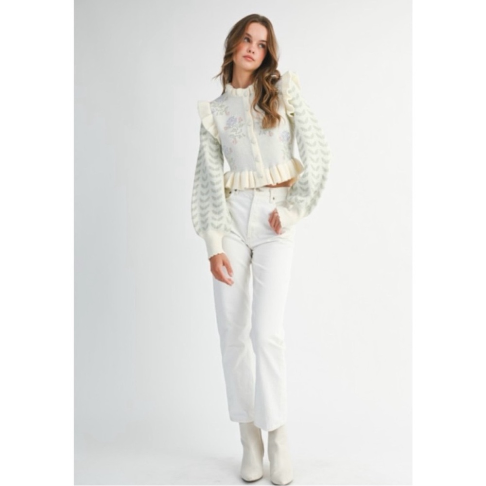 MABLE | Eloise Long Sleeve Ruffle Floral Print Crop Cardigan ~ NWT Medium - Picture 3 of 14